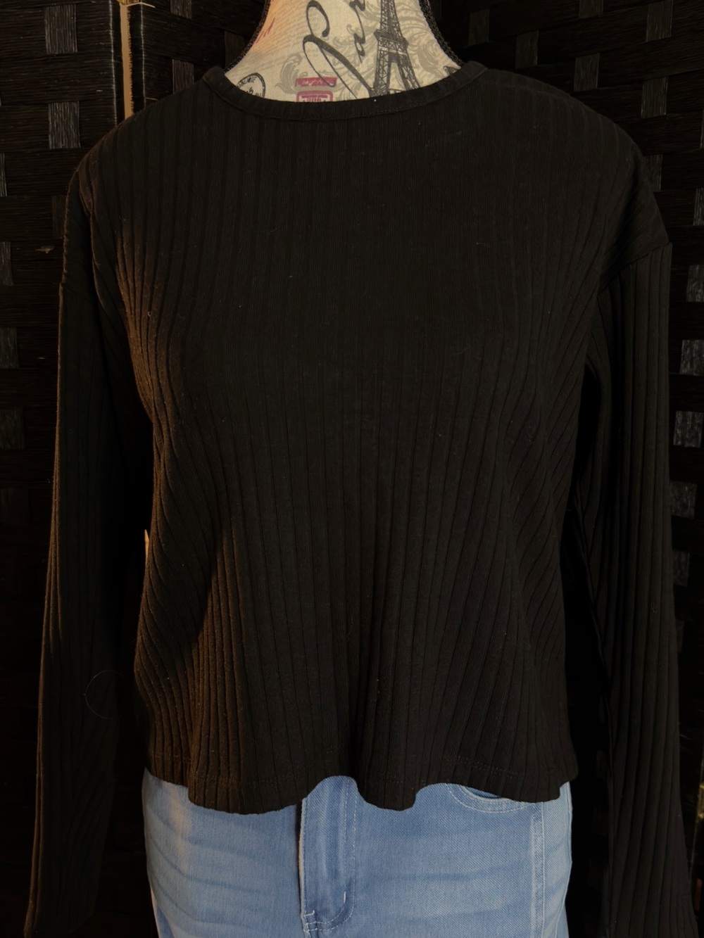 Time and Tru Black Ribbed Long-Sleeve Crew Top